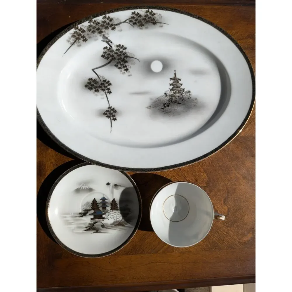 Vintage Kutani Hand Painted Japan Platter & Teacup Set - Monochrome Mt Fuji